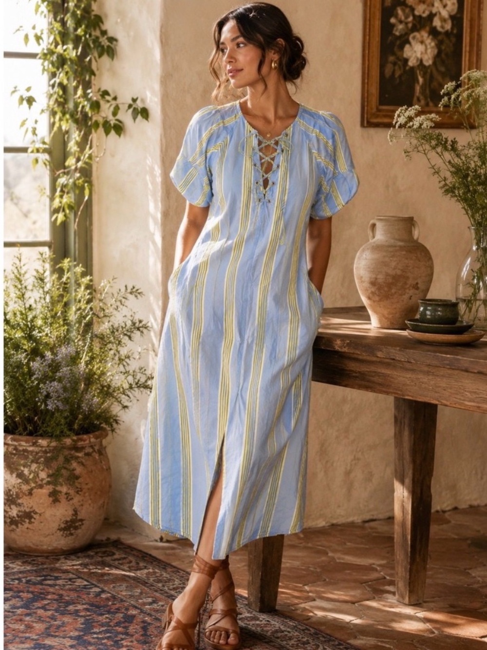 Maeve Light Blue and Yellow/Green Striped Midi Dress
